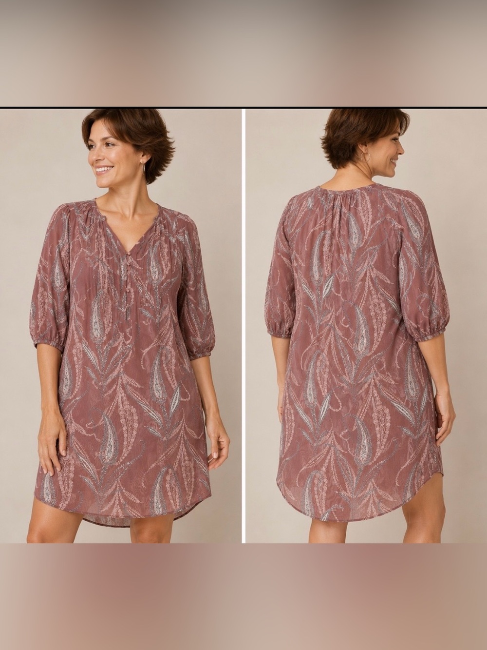 LOFT Paisley Tunic Dress Size XL Mauve Boho Chiffon